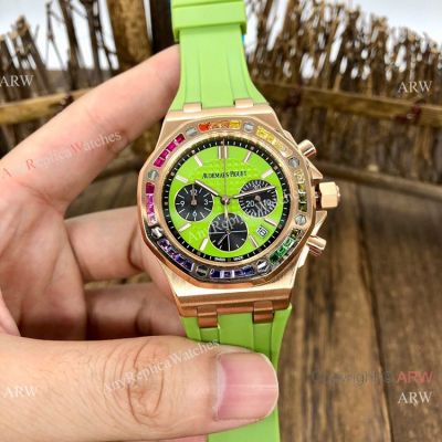 Women Audemars Piguet Replica Watch Royal Oak Offshore Watch Rainbow Bezel Green Dial